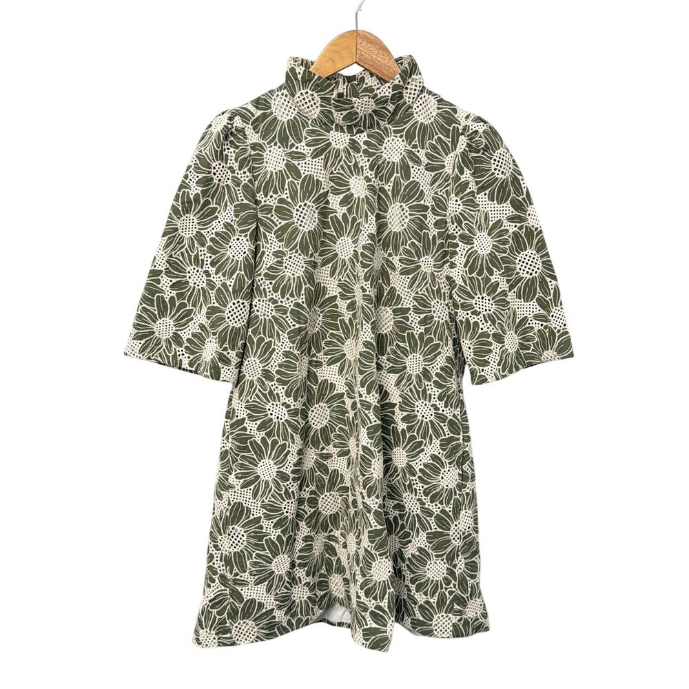 Buru Mod Mini Dress with Bell Sleeves Size XS Green White Embroidered